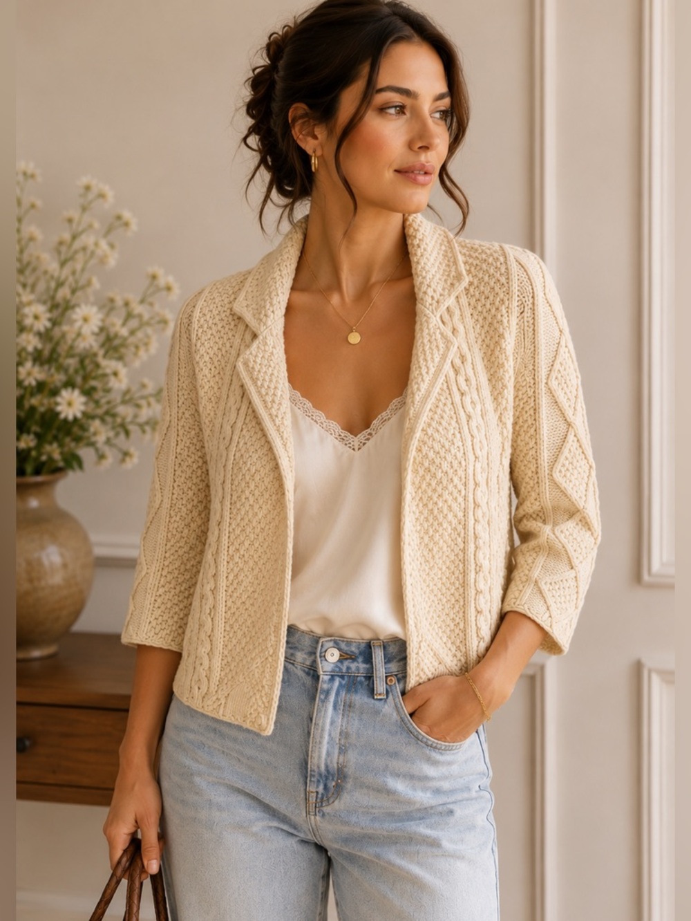 ISLI 100% Cotton Cable Knit Open Cardigan Blazer Cream Size 4 Cottage Coastal